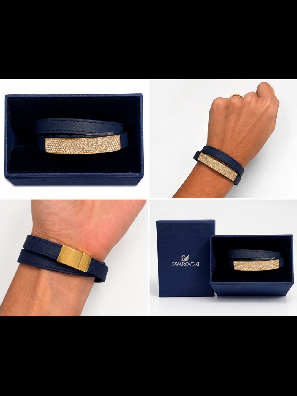 NWT Swarovski Navy Leather Double-Wrap Bracelet with Gold Crystal Bar